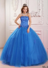 2014 Elegant Puffy Strapless Beading in Blue Quinceanera Dress with Appliques