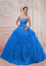 2014 Gorgeous Blue Puffy Strapless Appliques Quinceanera Dress with Beading