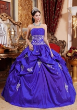 2014 Royal Blue Puffy Strapless Appliques Quinceanera Dress with Pick-ups