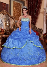 Brand New Blue Puffy Strapless for 2014 Appliques Quinceanera Dress with Pick-ups