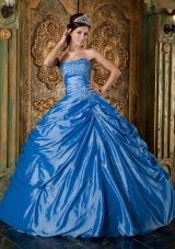 2014 Affordable Teal Puffy Strapless Appliques Quinceanera Dress