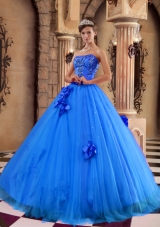 2014 Blue Puffy Strapless Beading Quinceanera Dress with Hand Made Flower