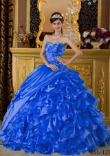 2014 Blue Puffy Sweetheart Appliques Quinceanera Dress with Ruffles