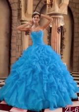 2014 Exclusive Aqua Blue Sweetheart Puffy Ruffles Quinceanera Dress with Beading