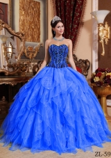 Affordable Blue Puffy Sweetheart For 2014 Embroidery Quinceanera Dress with Beading