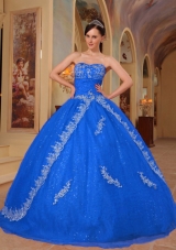 Blue Puffy Sweetheart for 2014 Lace Quinceanera Dress with Embroidery and Beading