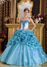 Perfect Blue Sweetheart Puffy Beading and Hand Made Flowers Quinceanera Dress for 2014