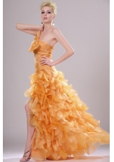 Elegant Strapless  High-low Prom Dress with Ruffles for 2014