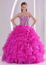 Pretty Sweetheart Ruffles and Beaded Decorate 2015 Fuchsia Quinceanera Gowns