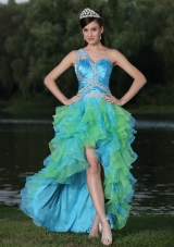 Ruffled High-low Multi-color One Shoulder Sweetheart Beaded Prom Dress