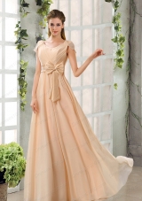 Scoop Ruching Cap Sleeves Chiffon Prom Dresses in Champagne
