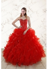 2015 Elegant Red Quinceanera Dresses with Beading and Ruffles