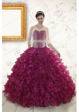Cheap Burgundy Quinceanera Gown with Beading and Ruffles
