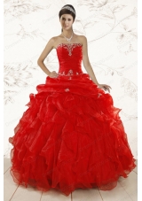 Cheap Red Ball Gown Strapless Sweet 15 Dresses with Beading and Ruffles