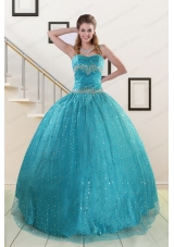 Elegant Spaghetti Straps Appliques Sequins Turquoise Quinceanera Dresses for 2015