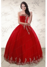 In Stock Red Strapless 2015 Quinceanera Dresses with Appliques