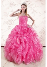 2015 New Style Hot Pink Quinceanera Dresses with Appliques and Ruffles
