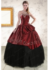 Most Popular Embroidery 2015 Quinceanera Gowns in Rust Red and Black