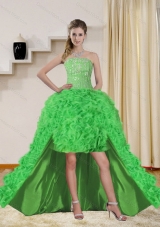 2015 Beautiful Spring Green High Low Prom Dresses with Beading