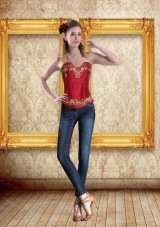 2015 Cute Sweetheart Wine Red Corset with Embroidery