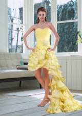 Beautiful Light Yellow Sweetheart High Low Prom Dress with Beading and Ruffled Layers