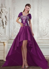 Dark Purple High Low Beautiful Strapless Embroidery Prom Dresses for 2015 Spring