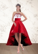 Discount White And Wine Red High Low Strapless Prom Dresses with Embroidery