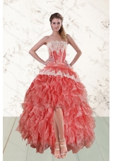2015 Fashionable High Low Ruffled Strapless Prom Dresses in Watermelon