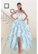 2015 Most Popular Sweetheart High Low Prom Gown with Appliques and Ruffles