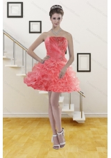 Fashionable Ruffles Watermelon Red Strapless 2015 Prom Gown with Beading