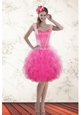 Fashionable Hot Pink 2015 Straps Prom Dresses with Beading and Ruffles