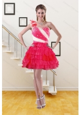 2015  One Shoulder Short Prom Gown with Ruffled Layers and Hand Made Flower