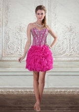 2015 Sweetheart Hot Pink Short Prom Gown with Beading and Ruffled Layers