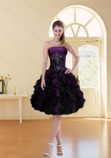 2015 Multi Color A Line Ruffled Strapless Knee Length Short Prom Dress with Beading