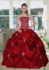 Wine Red  Pretty Strapless 2015 Quinceanera Gown with Embroidery and Pick Ups