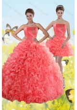 Fashionable Watermelon Red Strapless 2015 Quince Dresses with Beading and Ruffles