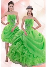 Fashionable 2015 Pick Ups and Beading Quince Gowns in Spring Green