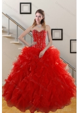 Fashionable 2015 Sweetheart Red Quince Gowns with Beading and Ruffles