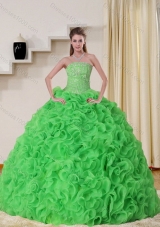Cheap Strapless Spring Green Sweet Sixteen Dress with Beading and Ruffles