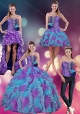 Multi Color Strapless Sweet Sixteen Dress with Beading and Ruffles