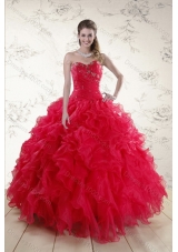 Classical Red 2015 Sweet Sixteen Dresses with Ruffles and Beading
