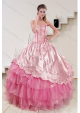 Unique and Detachable Strapless Pink 2015 Cute Quinceanera Dresses with Embroidery and Ruffles
