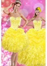 2015 Unique and Detachable Sweetheart Yellow Sweet 15 Dresses with Beading and Ruffles
