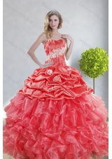2015 Unique and Detachable Top Seller Watermelon Red Quince Dresses with Appliques and Ruffles