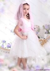 Beautiful White Little Girl Pageant Dress with Baby Pink Waistband and Hand Made Flower