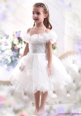 Comfortable White Halter Top Little Girl Pageant Dresses with Hand Made Flower