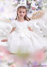 Elegant Lace 2015 White Little Girl Pageant Dress with Short Sleeves and Bowknot