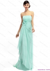 Sweep Train Apple Green Prom Dresses with Ruching and Hand Made Flower