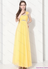 2015 Floor Length Prom Dresses with Ruching and Beading