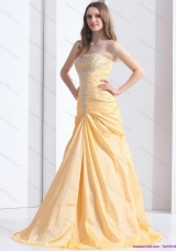 Brush Train Gold Prom Dresses with Ruching and Beading